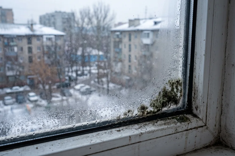 Запотевшее балконное стекло с каплями конденсата, тёмное пятно плесени в нижнем углу рамы