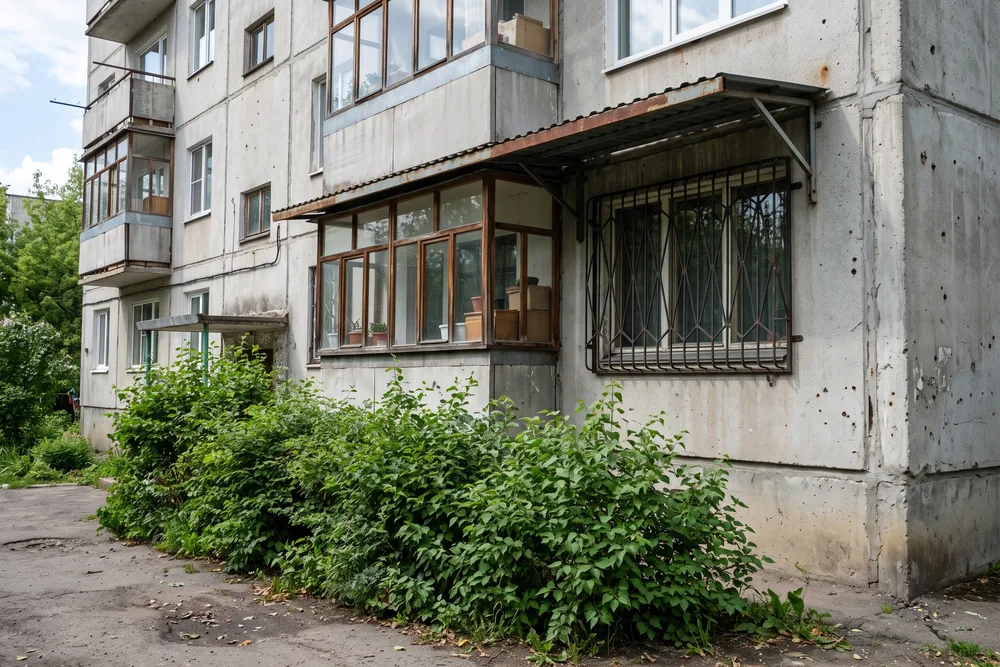 Балкон первого этажа снаружи: козырёк над остеклением, решётка на окне, кусты под окном
