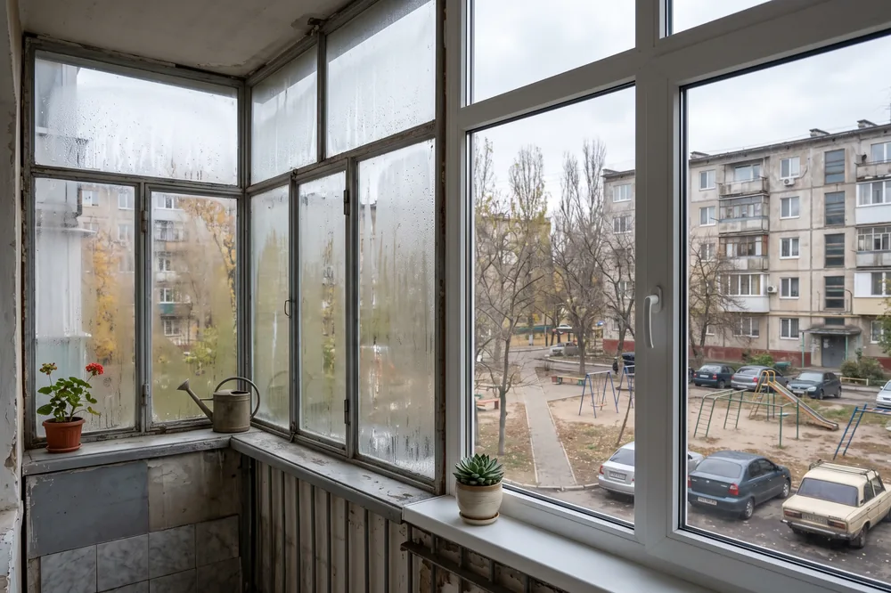 Балкон, где старые запотевшие рамы соседствуют с новыми чистыми